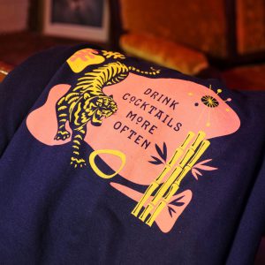 Jade Fountain hoodie with tiki-style graphic including tiger and bamboo - Drink Cocktails More Often