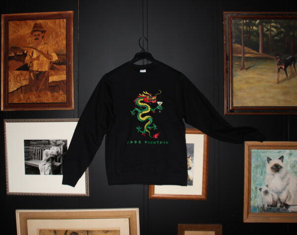 Black Jade Fountain sweatshirt with dragon drinking a martini