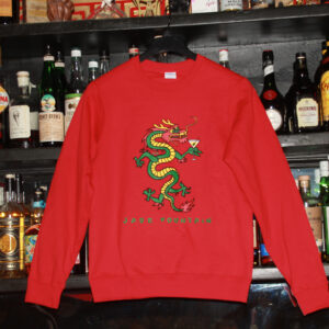 Red Jade Fountain sweatshirt with dragon drinking martini.